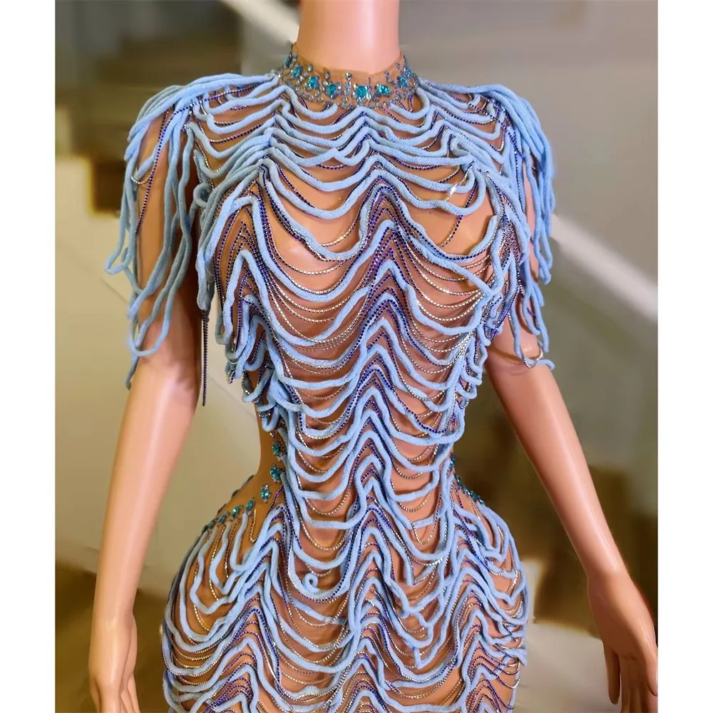 Sexy Rhinestone Chains Short Dress for Women Transparent Crystal Mesh Bar Singer Stage Performance Costume Nightclub Party Celeb