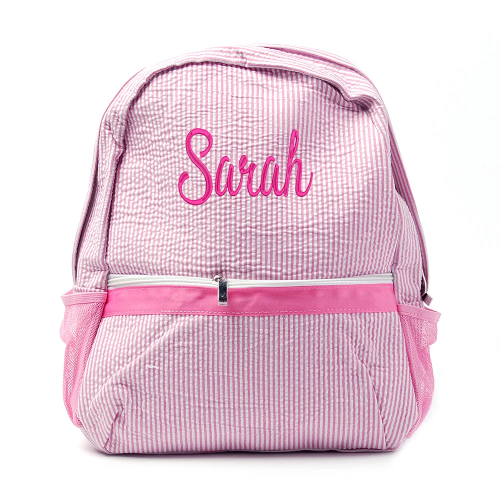 Embroidered Name Preschool Backpack Seersucker Backpack with Kids\'s Name Monogrammed Baby Book Bag Custom seersucker Lunchbag