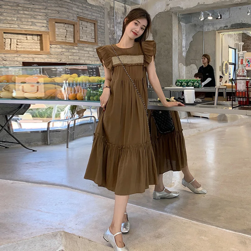 

2024 Summer Maternity Clothes Petal Sleeve O-neck Plus Size Pregnant Woman Fishtail Dress Long Loose Female Mermaid Trumpet Cute