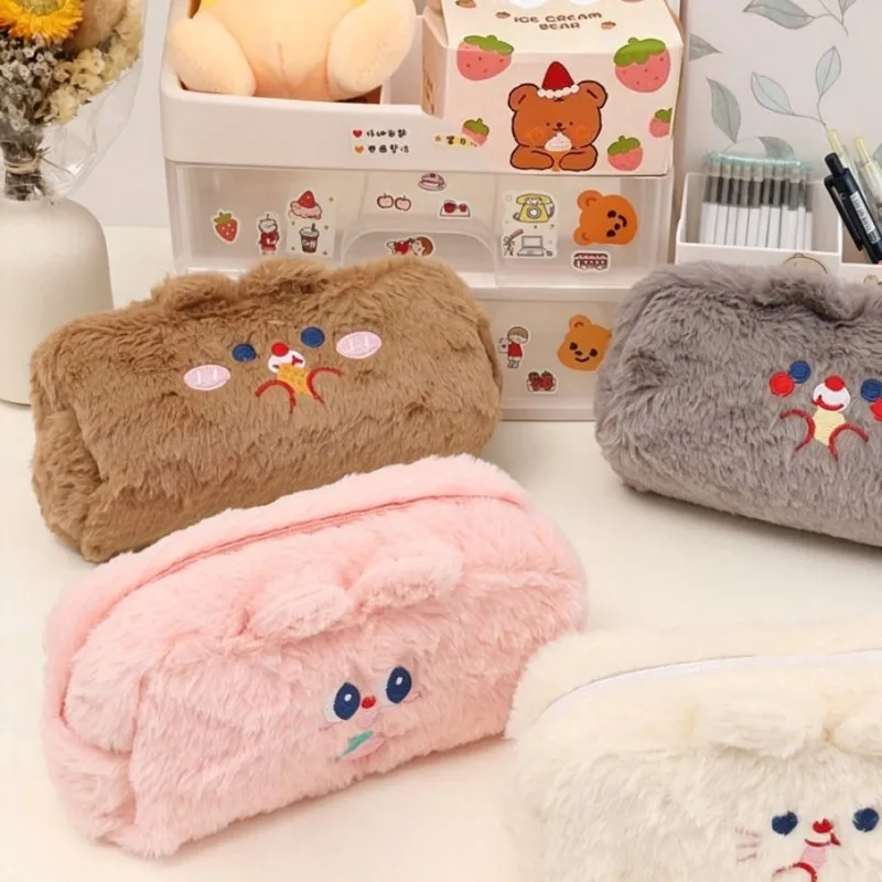 Soft plush pen case, cute large capacity desktop storage pen bag, makeup storage bag, student stationery supplies
