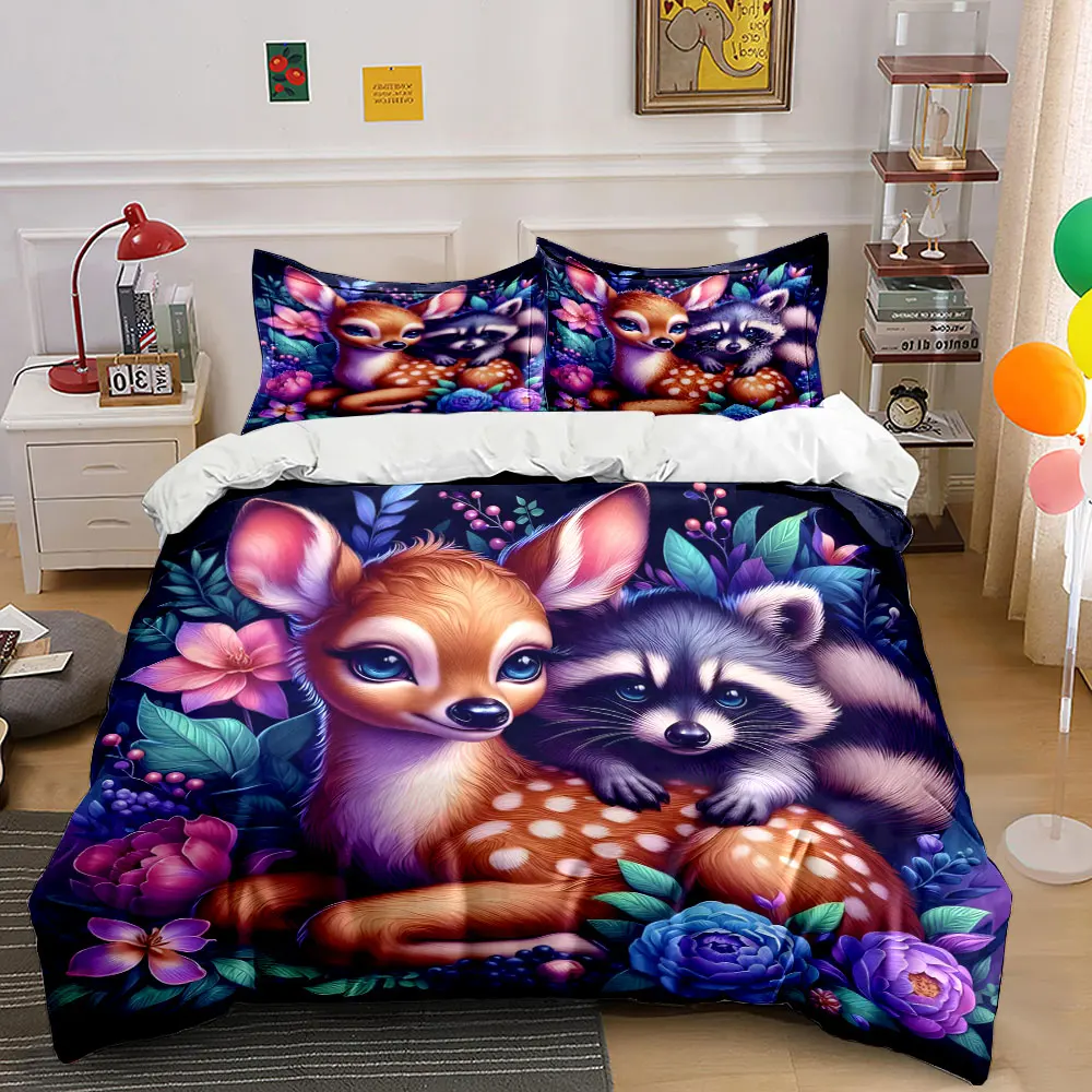 Enchanted Floral and Woodland Creatures Printed Duvet Cover Set1 Duvet Cover+2 PillowcaseMulti Size Bedroom Bedding Decor