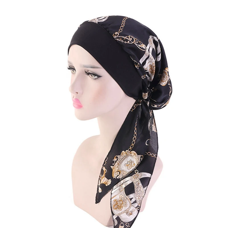 

Vintage Elastic Women Chiffon Printed Head Scarf Chemo Cap Bowknot Turban Headband Sleeping Bonnet Head Wrap Hair Loss Cap