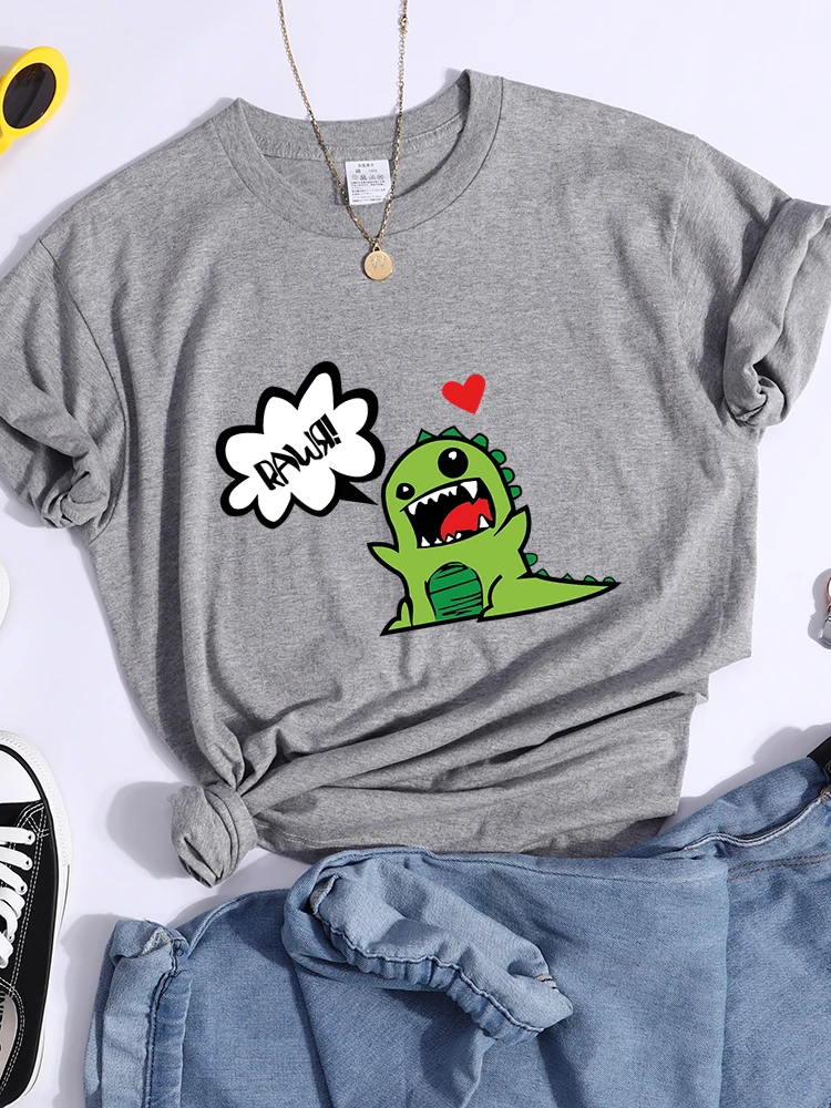 Angry Little Green Dinosaur Printing Women'S T Shirt Street Summer Tshirt Simple Casual Short Sleeve Breathable Cool T-Shirt