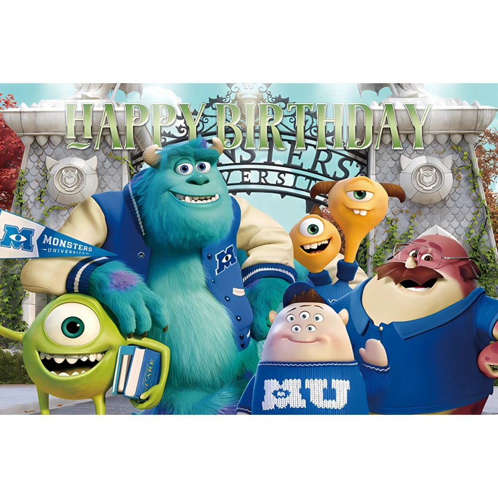 Disney Blue Backdrop Monsters Inc James P. Sullivan Mike Wazowski Baby Happy Birthday Party Cartoon Decoration Background Banner