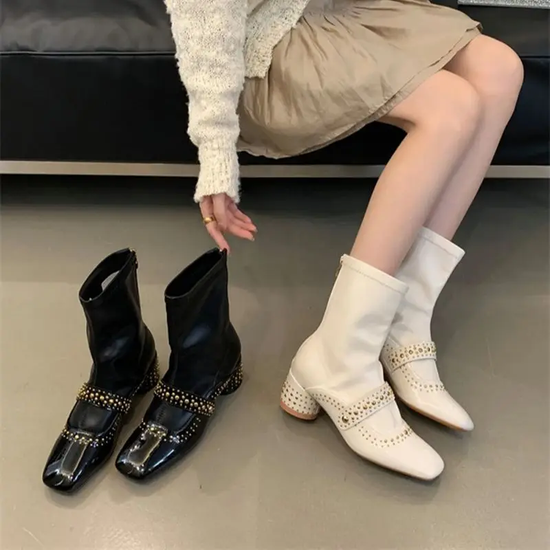 White Ankle Boots For Woman Rivet Square Toe Back Zipper Fall Shoes Fashion Chunky Heels Mary Jane Black Heel Boots 2025 Trend