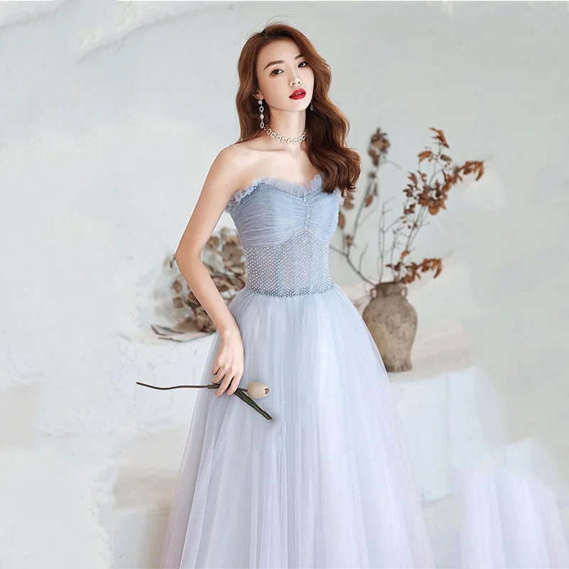 

New Arrival Women Blue Tube Top Evening Dresses Fairy Beading Prom Party Dress Vestidos De Fiesta