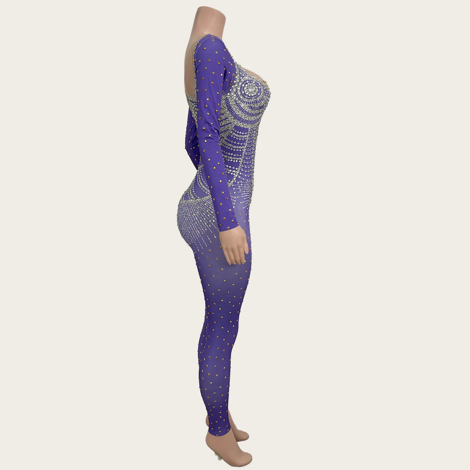 Tuta aderente viola Drag Queen Performer Wear Strass Spandex Elastico Maniche lunghe Tuta Club Party Outfit Zijin
