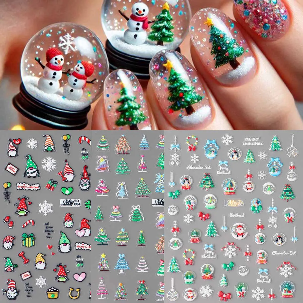 5D geprägter Weihnachtszwerg Winter Schneeflocke Nagelaufkleber Niedlicher Cartoon Weihnachtsmann Baum Handschuh Urlaub Selbstklebende Schieber