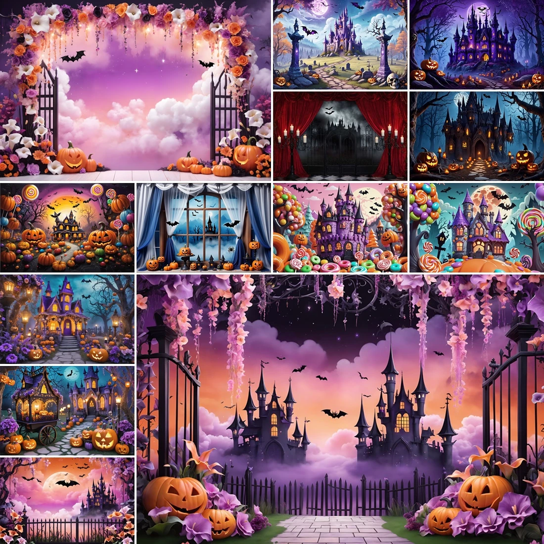

MOON.QG Creepy Halloween Castle Photography Backdrop Candyland Pumpkin Lantern Photocall Festival Background Children Studio