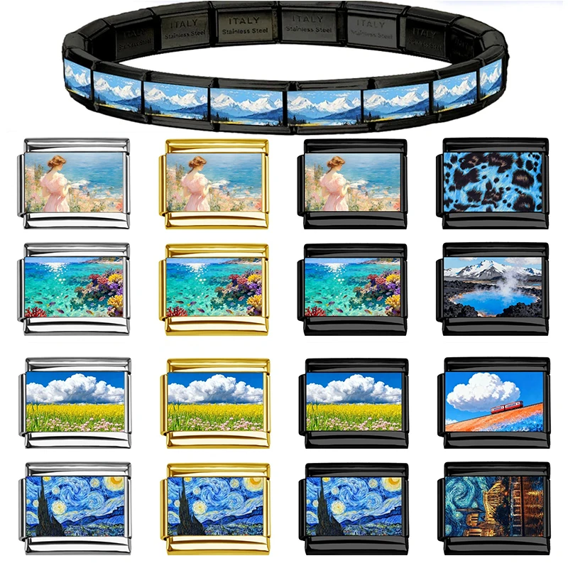 Blue Landscape Oil Painting Black Gold Silver Italian Charms Fit 9mm Stainless Steel Women Fashion Bracelet DIY Jewelry Gifts