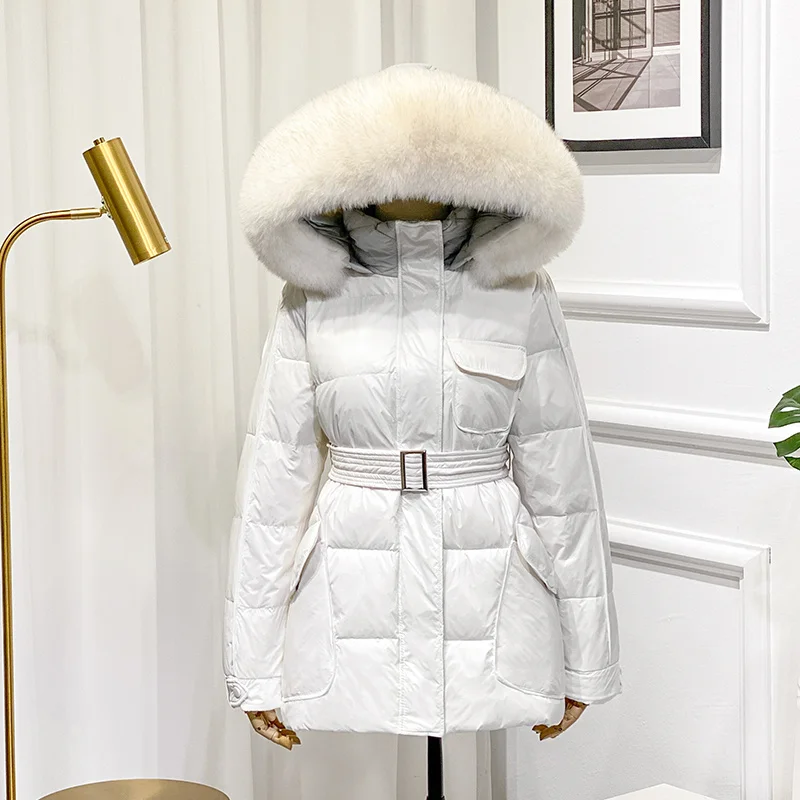 Collar Luxury Large Fox Fur Hooded Down Jacket Women Winter 2023 New Style Adjust Waist White Duck Down Coat Loose Causal Parka