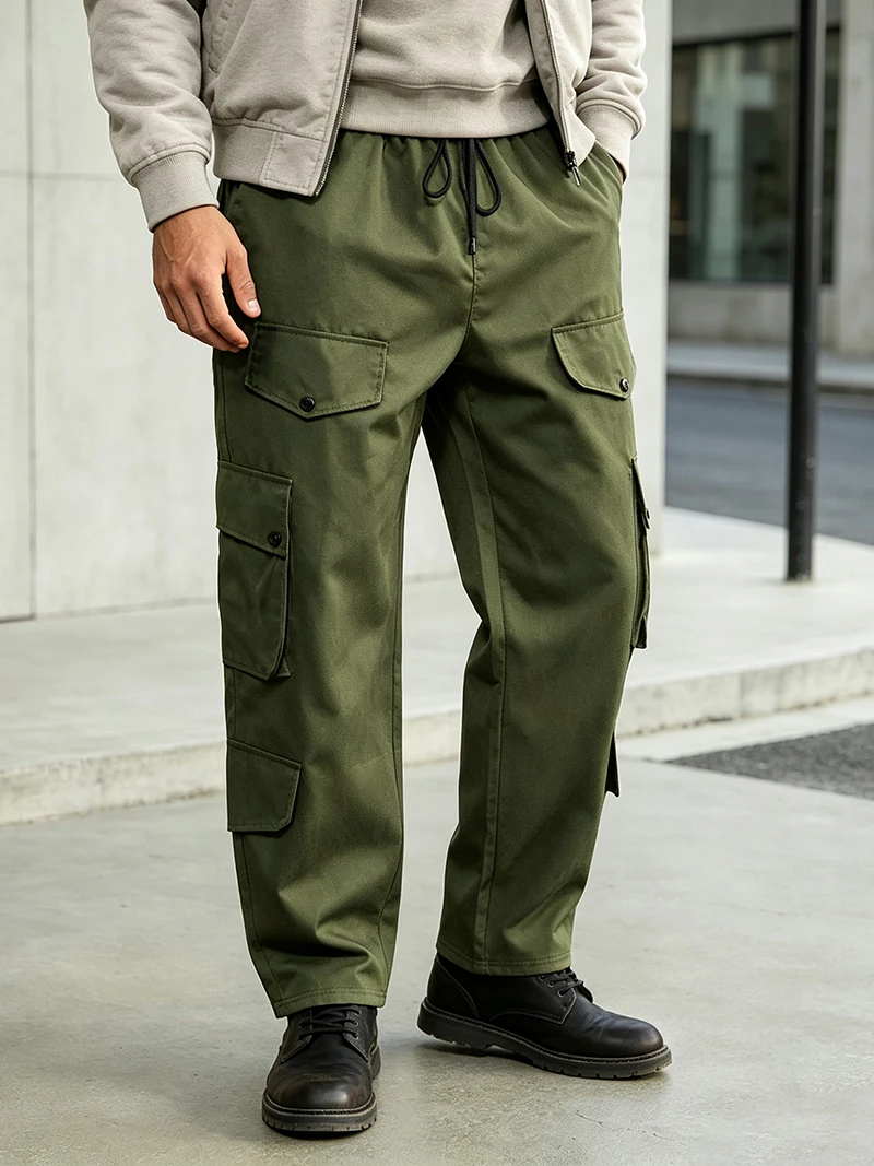 Herren Cargo-Hosen mit elastischem Bund, Kordelzug, mehreren Taschen, normaler Passform, geradem Bein, lässige Frühlings- und Herbst-Outdoor-Streetwear-Hosen – Detail 2