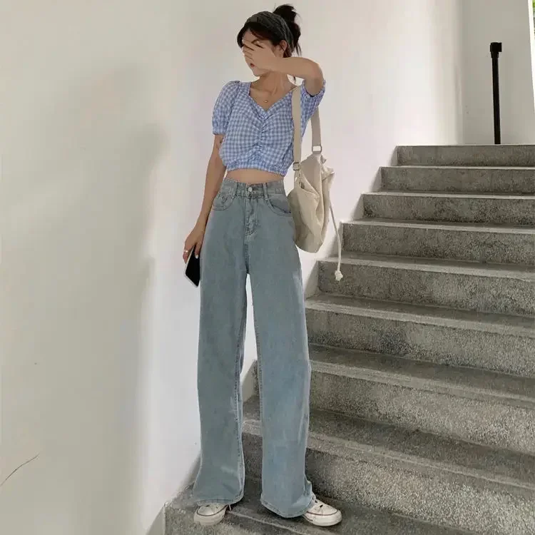 

Pop Pop Light Blue Wide Leg Women's Jeans High Waist Slim Straight Drapey Floor-Length Trendy Design Spring Fashion Long Trouser