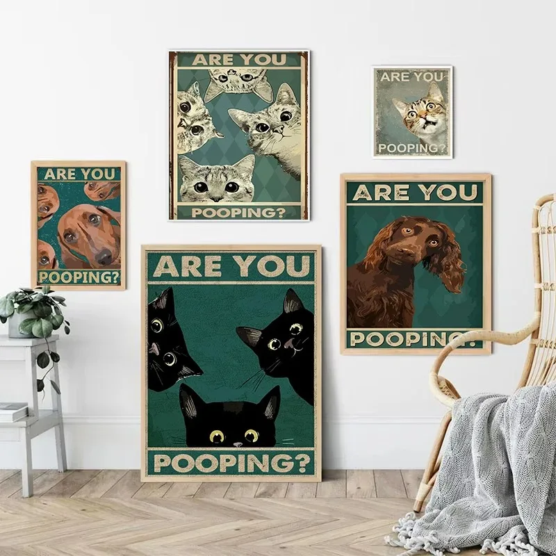 

1pcs Animal Surprise Poster Are You Pooping Cats Dogs Green Canvas Painting Wall Art Decoration Suitable for Toilet Posters