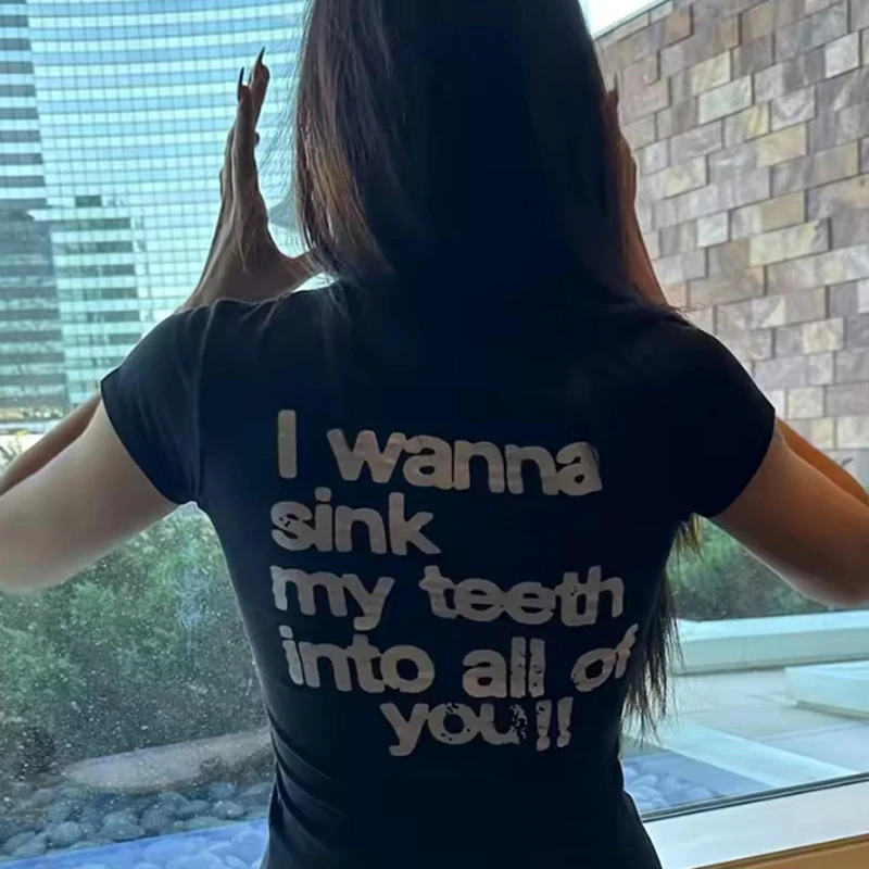 Y2k Style Goth Letter Print Vintage Street Women Grunge T-shirt Clothes Aesthetic 2000s Tops Cute Emo Girl Crop Slim Baby Tee
