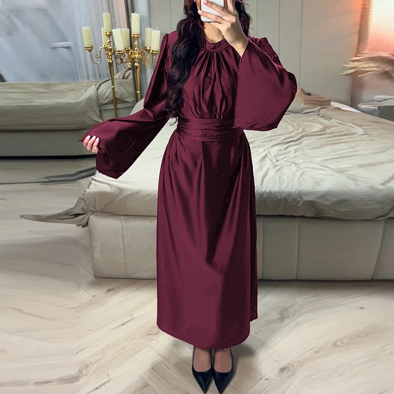 Sukienki na imprezę z wysokim stanem, zwiewne, eleganckie, z dekoltem typu O, z długim rękawem, satynowe, długie sukienki damskie, modne, z temperamentem, jednolite, 2026