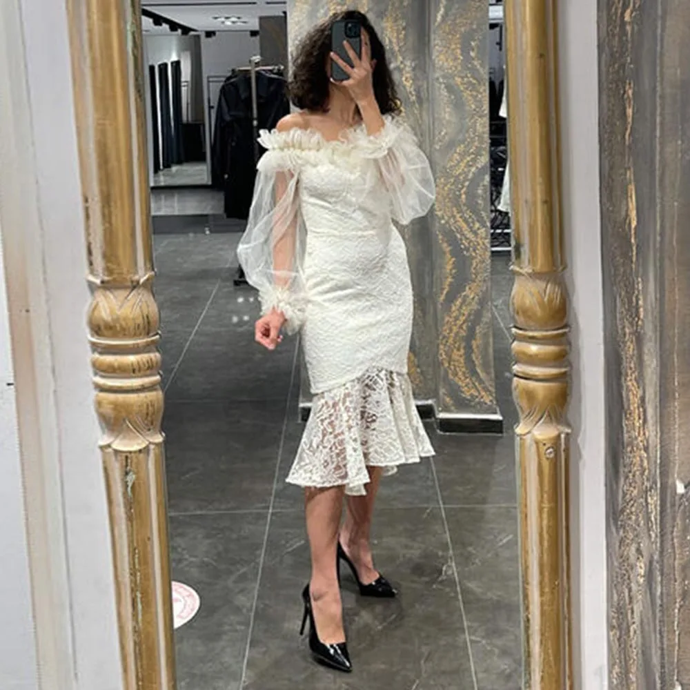 

White Sexy Evening Dresses 2023 Summer Knee Length Puffy Full Sleeve Applique Party Dresses Zipper Back 2023 فستان سهرة نسائي
