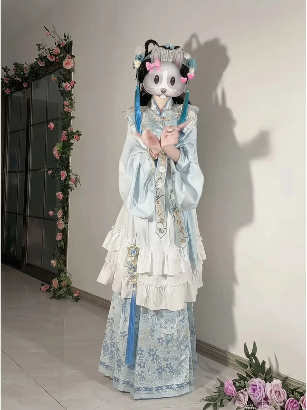 Blue Embroidered Hanfu Ming Dynasty Style Lolita Skirt with Cloud Shoulder Design Autumn Winter Fashionable Women's Clothing