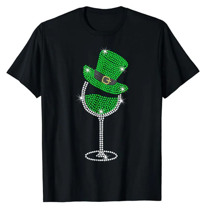 

Rhinestone Wine Glasses Drinking St Patricks Day Girl Women T-Shirt Funny Drinker Party Graphic Tee Tops Short Sleeve Blouses