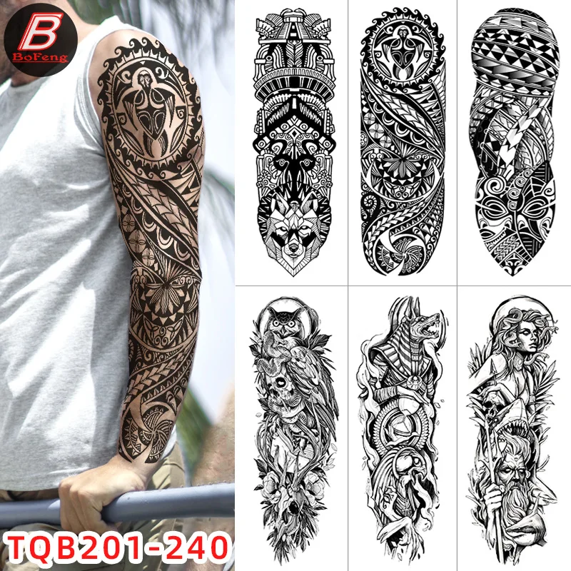 

Full Arm Waterproof Temporary Tattoo Stickers For Men Big Picture Flower Arm Lion Skull Totem Body Art Black Fake Tattoo Sticker