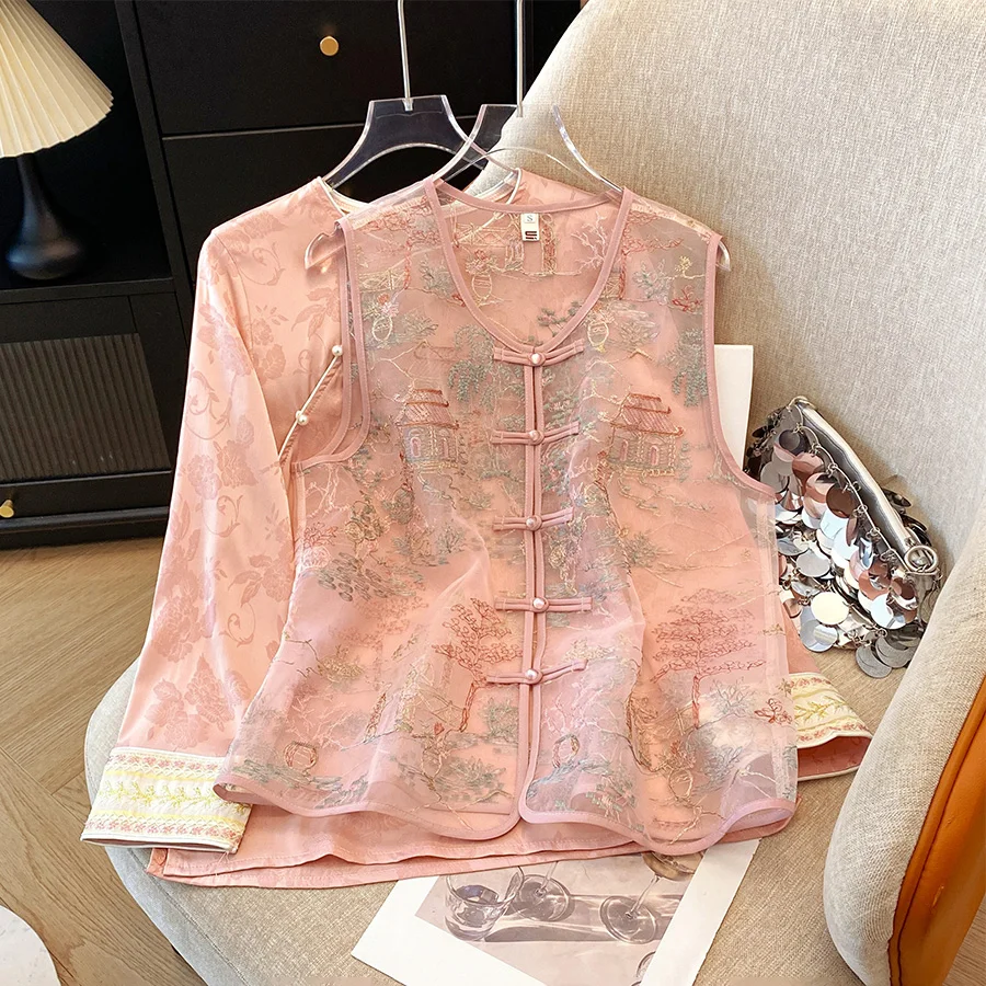 New 2026 Autumn Chinese Style round Neck Satin Top Hand Beaded Ladylike Embroidered Mesh Vest Traditional  Women's F...