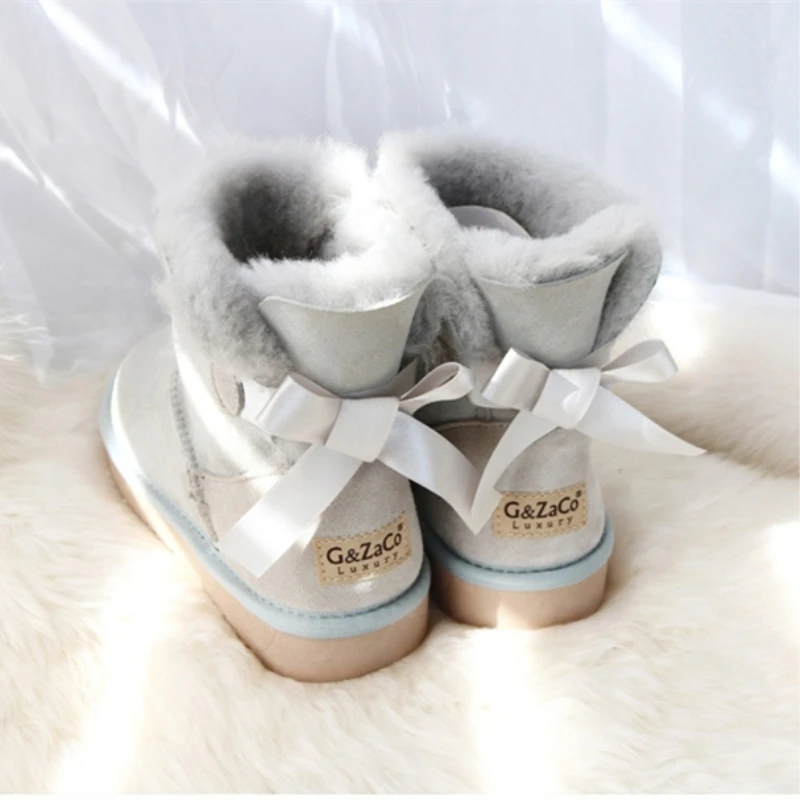 G&Zaco Luxury Real Wool Sweet Bow Snow Boots Women 2023 Genuine Sheepskin Boots Sheep Fur Winter Flat Girl Shoes