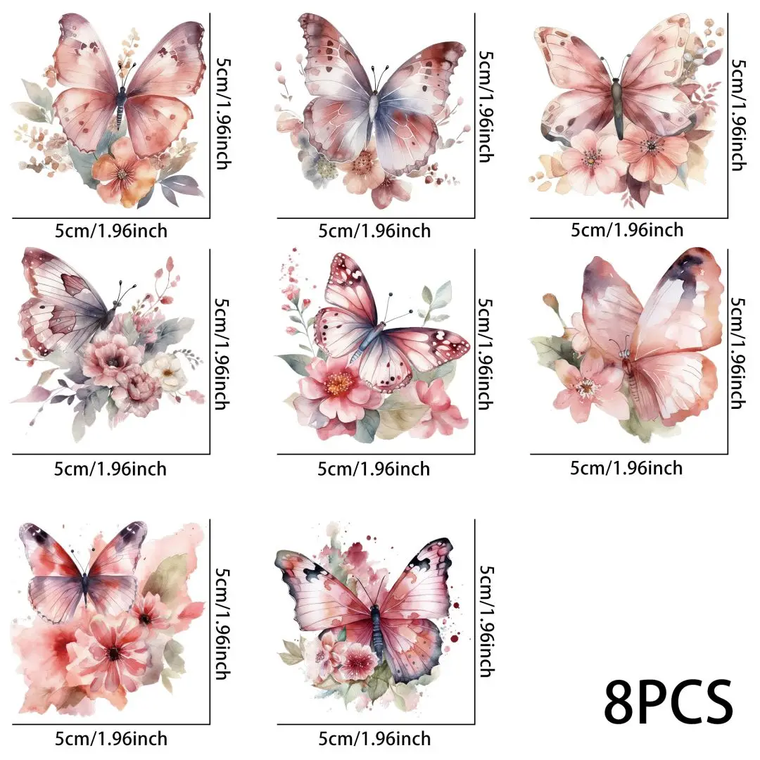 8pcs Watercolor Butterflies UV DTF Cup Stickers, Waterproof Sticker Pack For Decorating Mugs, Cups,DIY Art Supplies