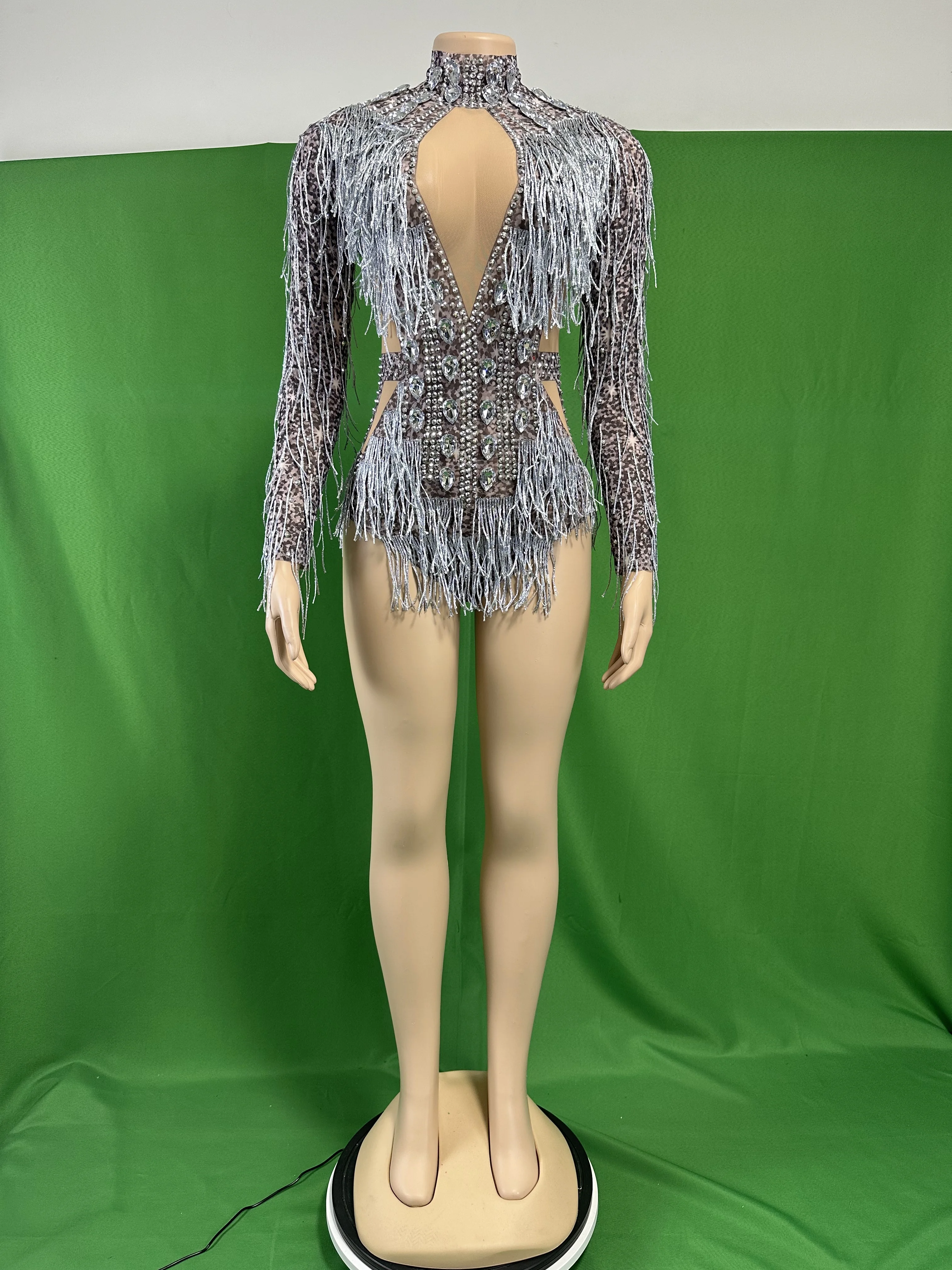 

Women Silver Gray Mesh Sheer Stretch Rhinestone Fringe Bodysuits For Salsa Jazz Latin Dancing Drag Queen Costumes Pole Club