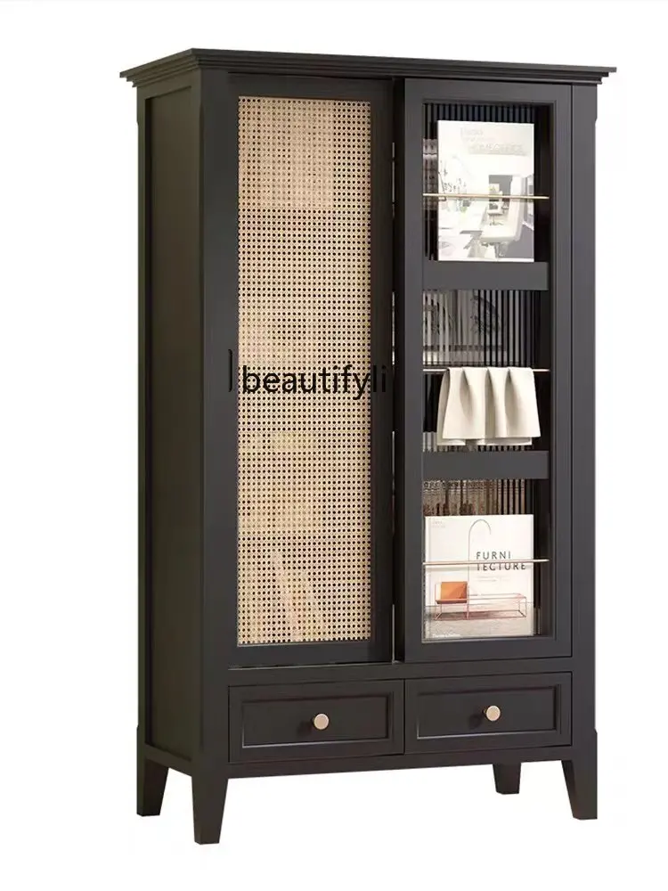 

Sliding Door Solid Wood Bookcase Black Vintage Curio Cabinet Rattan Sundries Cabinet Changhong Glass Side Cabinet