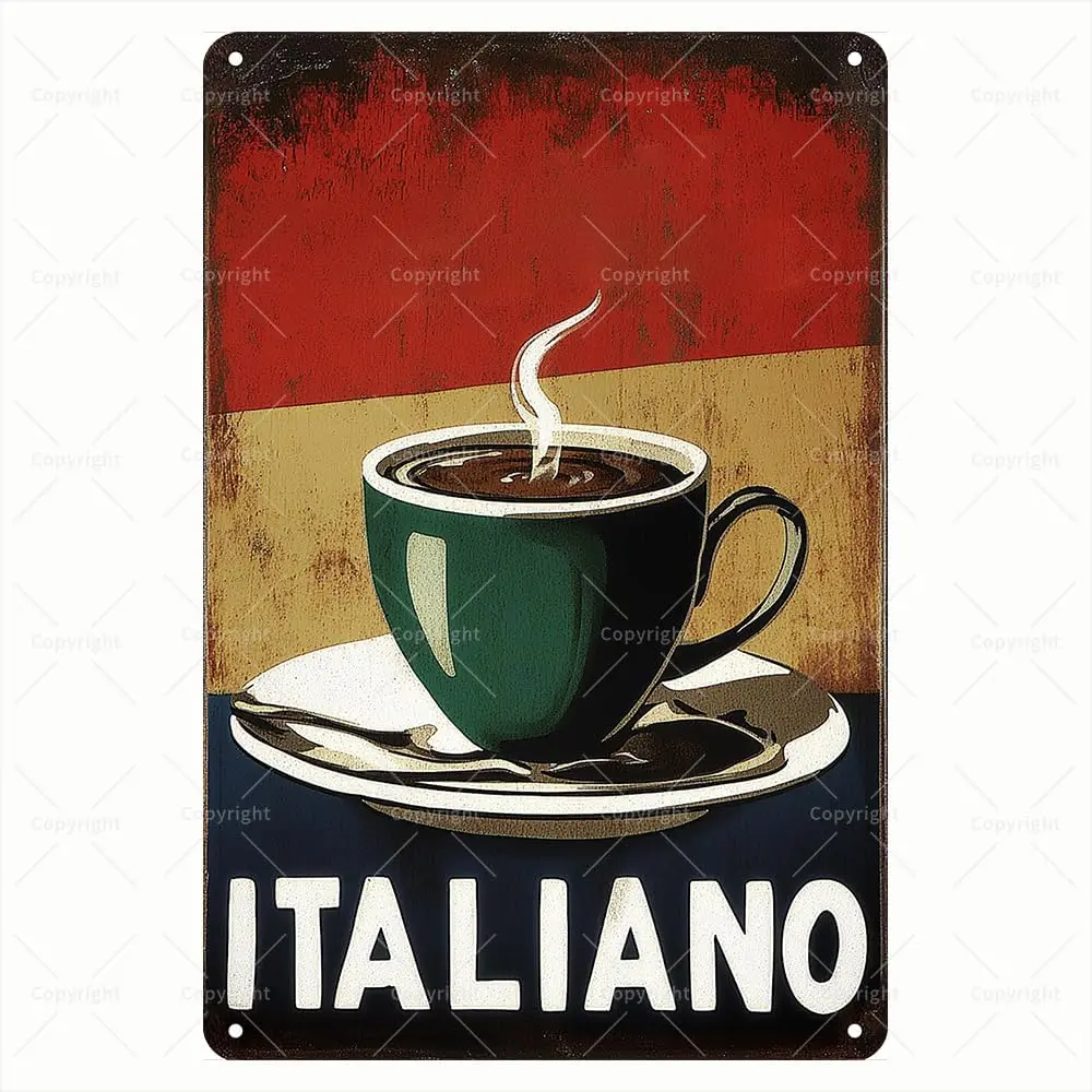Vintage Tin Sign - Italiano Coffee Cup Retro Italian Coffee Art Metal Sign - Decorative Tin Sign for Coffee Lovers - Wall Art fo
