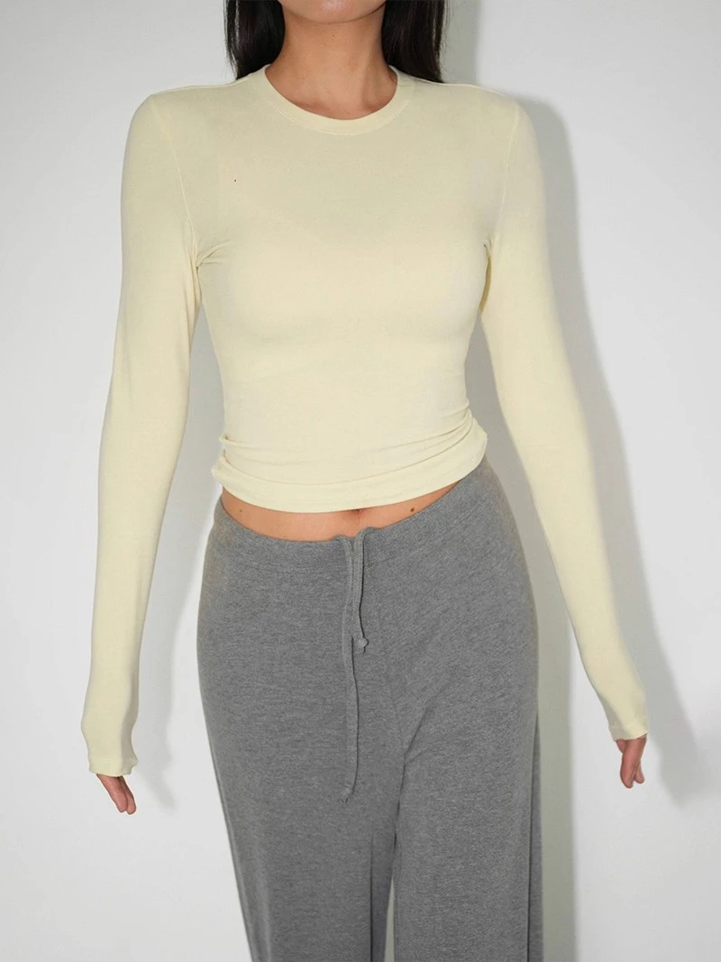 Camiseta de uso diario de manga larga con cuello redondo para mujer