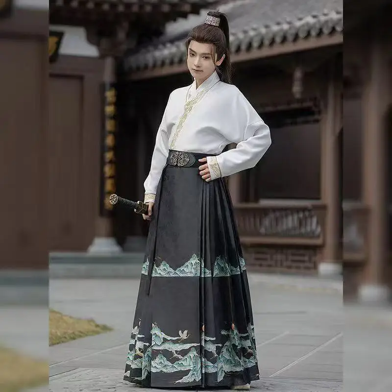 ผู้ชายทอทอง Horse Face กระโปรงคลาสสิกแบบดั้งเดิม Jacquard Hanfu Vintage คู่ Stage Party รูปภาพชุดสวมใส่ทุกวัน