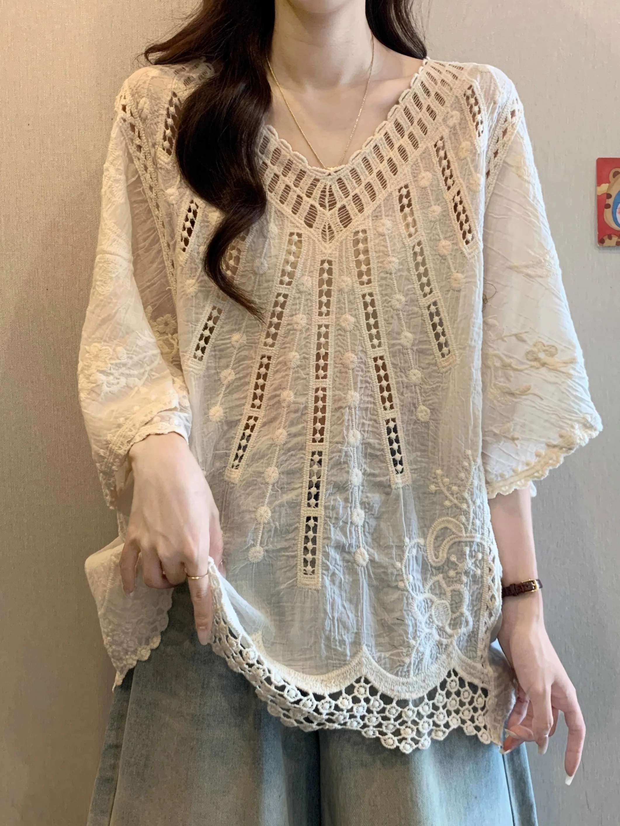 

Женский свободный топ с V-образным вырезом и защитой от солнца, большие размеры n Sle, корейский модный летний кружевной топ