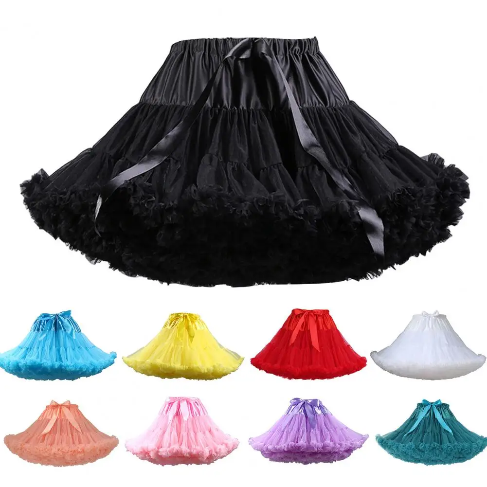 1Pc Comfy Vrouwen Rok Effen Kleur Gezwollen Gelaagde Dames Rok Elastische Taille Patchwork Cosplay Korte Geplooide Tule Rok Voor Feest