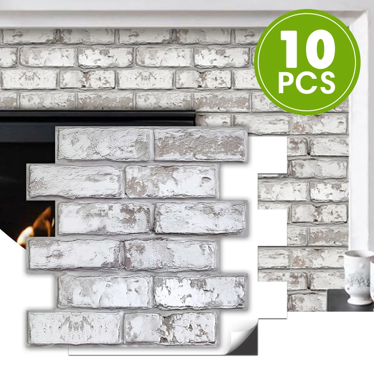 Commomy 10pcs 3D Peel and Stick Wall Panels, Whitewash Brick Wall Stickers, Kitchen Backsplash Stickers, Living Room Decoration