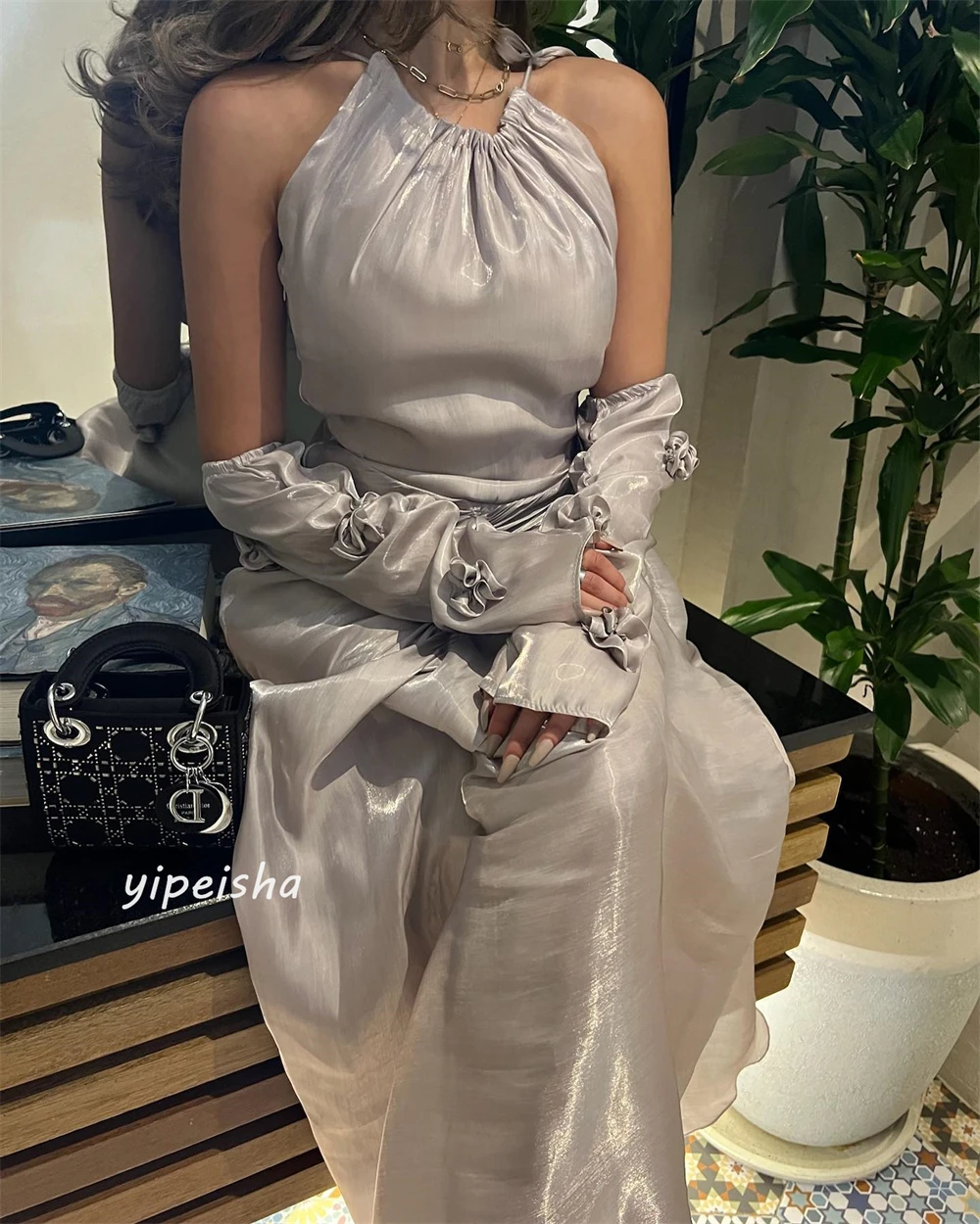 Organza Flower Draped Pleat Engagement A-line O-Neck Bespoke Occasion Gown Long Dresses