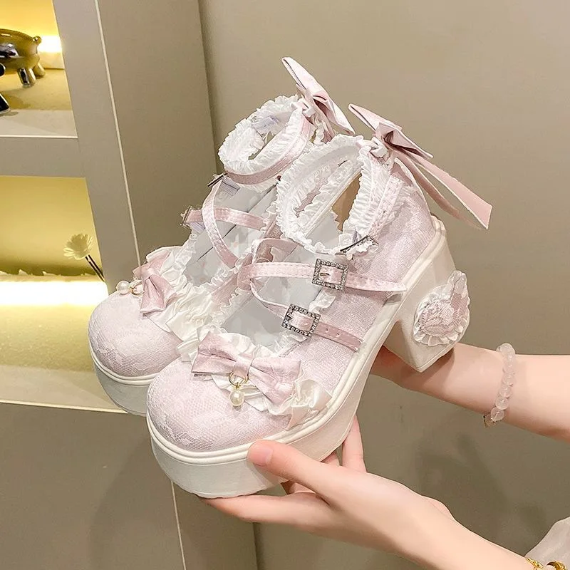 

Womens Lolita Shoes Sweet Style Bow Lace Edged Mary Jane Shoes Princess Style Jk Skirts Shoes Thick Soled High Heels Lolita Shoe