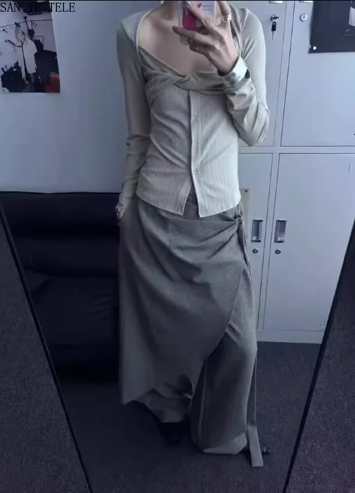 Irregular Ribbon Women Casual Suit Pants Vintage Loose Spliced Japanese Design Fake Two Pieces Wide Leg Long Fashion Pants