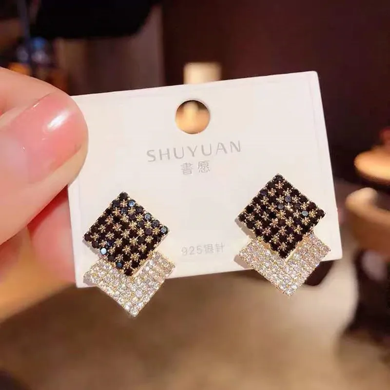Black White Square Big Full Crystal Rhinestone Stud Earring for Women New Geometry Transparent Jewelry Christmas Girl Gift