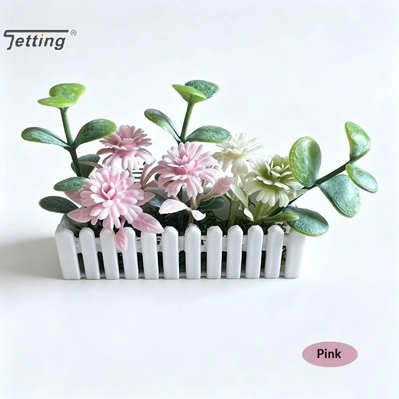 Mini Artificial Potted Flower Plants With White Fence Dollhouse Flower Potted Model Decor Dolls House Micro Landscape Ornament