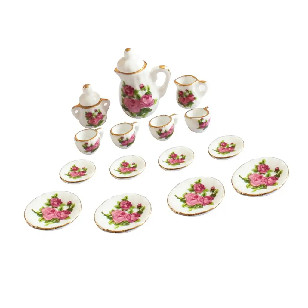 Dollhouse Miniature Tableware 15pcs Mini Porcelain Tea Coffee Set Doll Accessories for 1 12 Miniature House Kitchen Decoration