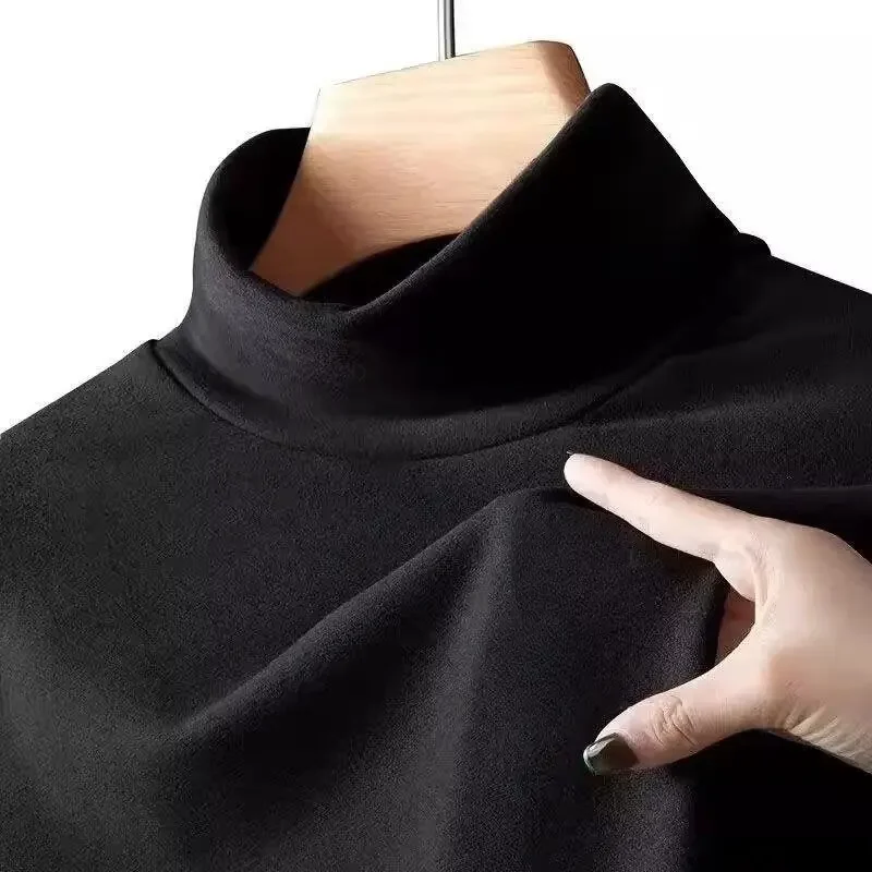 Thickened Fleece-Lined Warm Men's Base Layer Top Half Polo/Turtle Neck Solid Color Long Sleeve T-Shirt Winter Protection