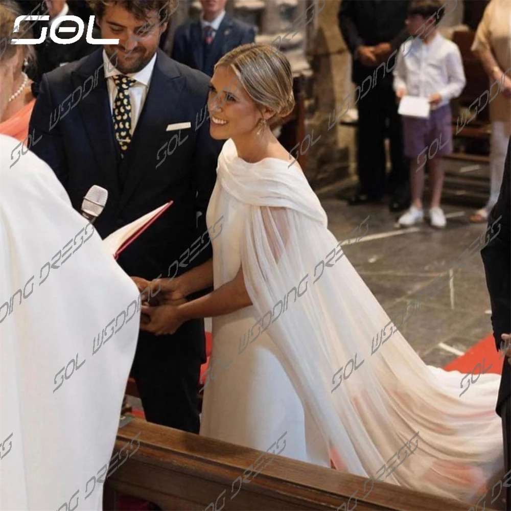 SOL-Robes de mariée en satin pour femmes, châle long amovible, col bateau, élégant, dos nu, patients sirène, quelle que soit la robe éducative