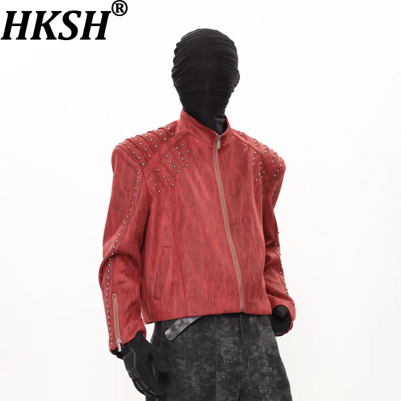 

HKSH Осенняя новая мужская куртка Tide Punk Gothic с металлическими заклепками и воротником-стойкой, короткая куртка из искусственной кожи, пальто с мягкими плечами HK10644