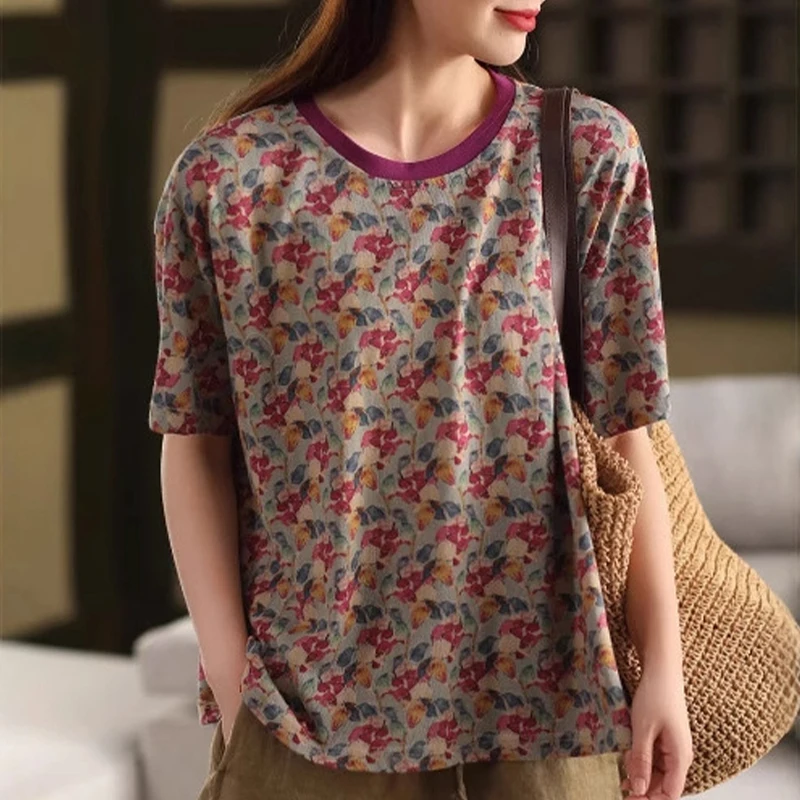 Mass Wass 2025 Zomer Vrouwtjes Mode Vintage Bedrukte T-shirts Dames Klassieke Losse Bloemenkleding Vrije tijd Elegante Katoenen Tops