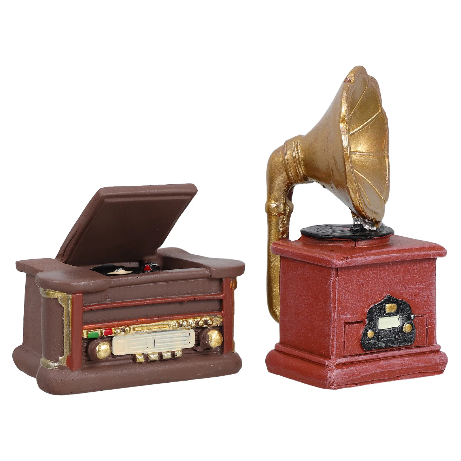 

2pcs Miniature Retro Phonograph Decor Vintage Resin Record Player Ornament For Dollhouse Micro Landscape Fairy Garden Home
