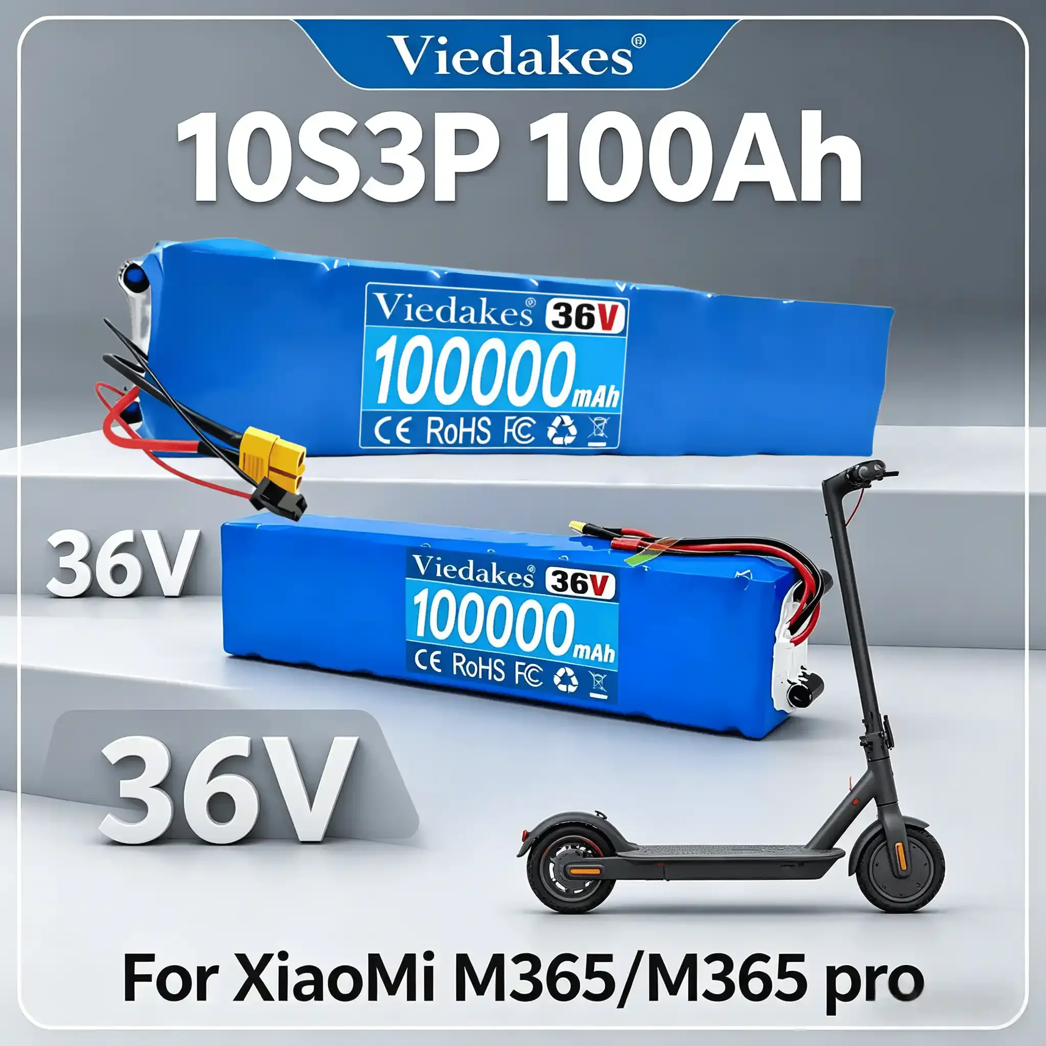 

✨Viedakes 36V 100000mAh 10S3P 18650 Lithium Battery Pack with BMS XT30 XT60 for XiaoMi M365/M365 Pro Electric Scooter