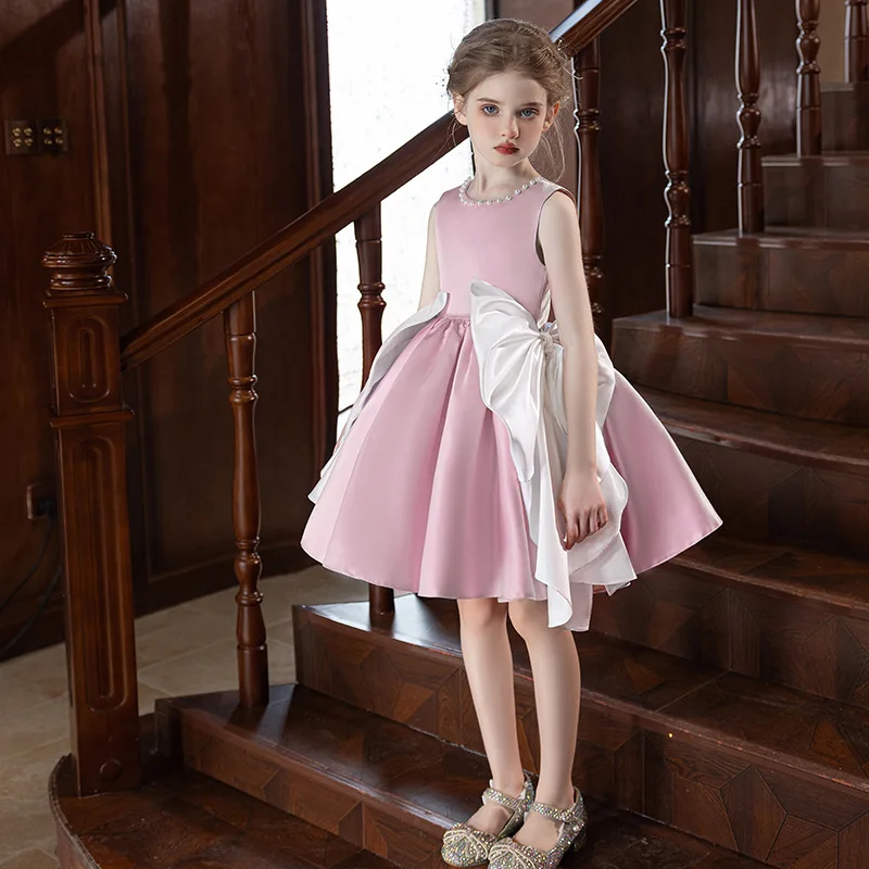 Girls Party Dresses Elegant Sleeveless Pearls Princess Dress Birthday Party Wedding Prom Gown Big Bow Girl's Ceremonial Dress
