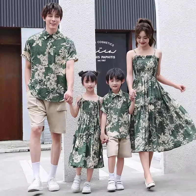 Summer Boho Family Matching  Couple Outfits Green Tropical Print Dress  Aloha Shirt Set for Mom Dad Kids Vacation Photoshoot