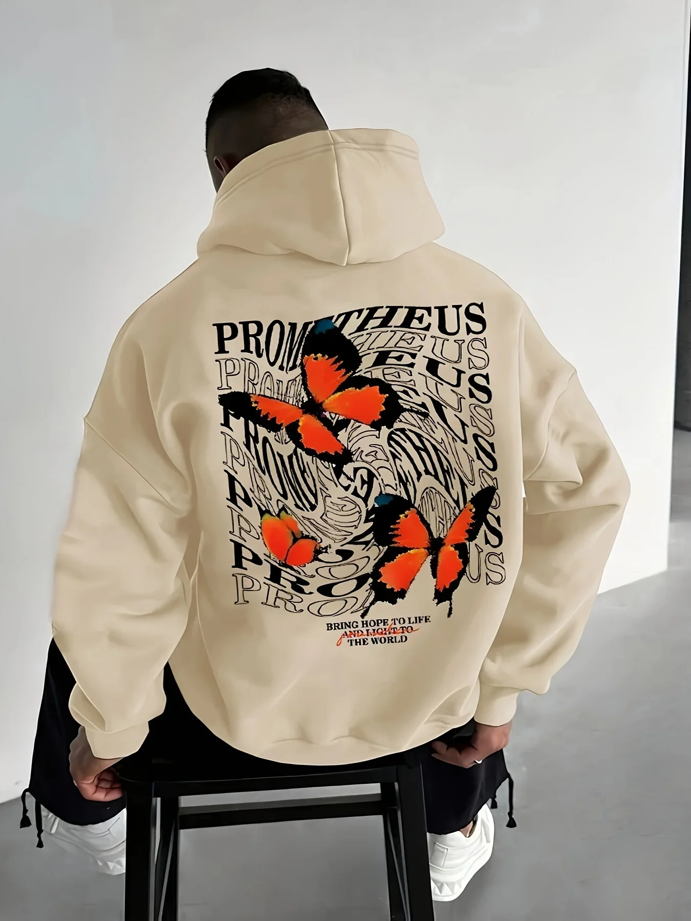 Men's Retro Hoodie Prometheus Stacked Text Orange Butterfly Graphic Back Print Oversized Pocket Pullover Sweatshirt Streetwear